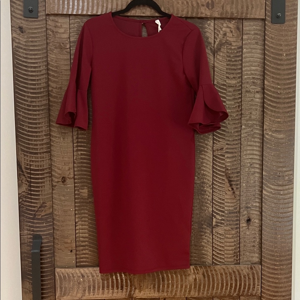 Maternity Pink Blush - Elegant Merlot Ruffle Sleeve Dress